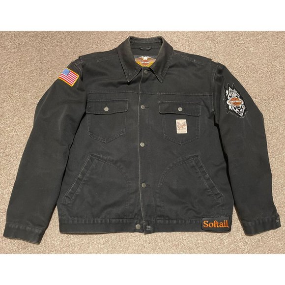 Mens XL Harley Davidson Motorcycles Softail Black Denim Embroidered Jacket